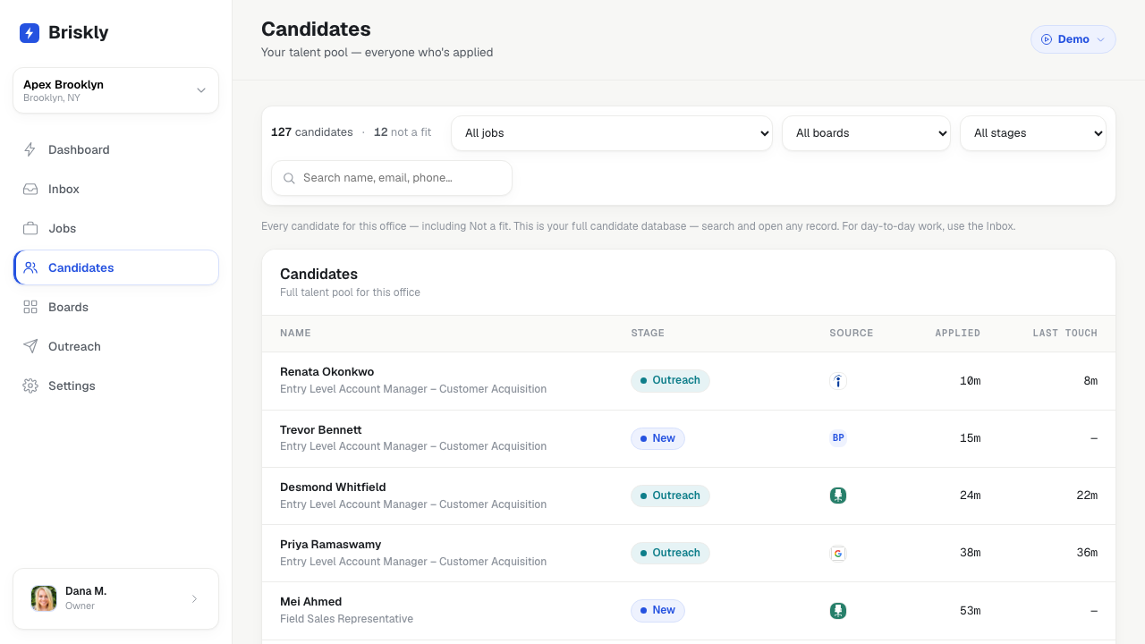 Briskly candidates database with stage, source, applied time, and last touch for the full talent pool