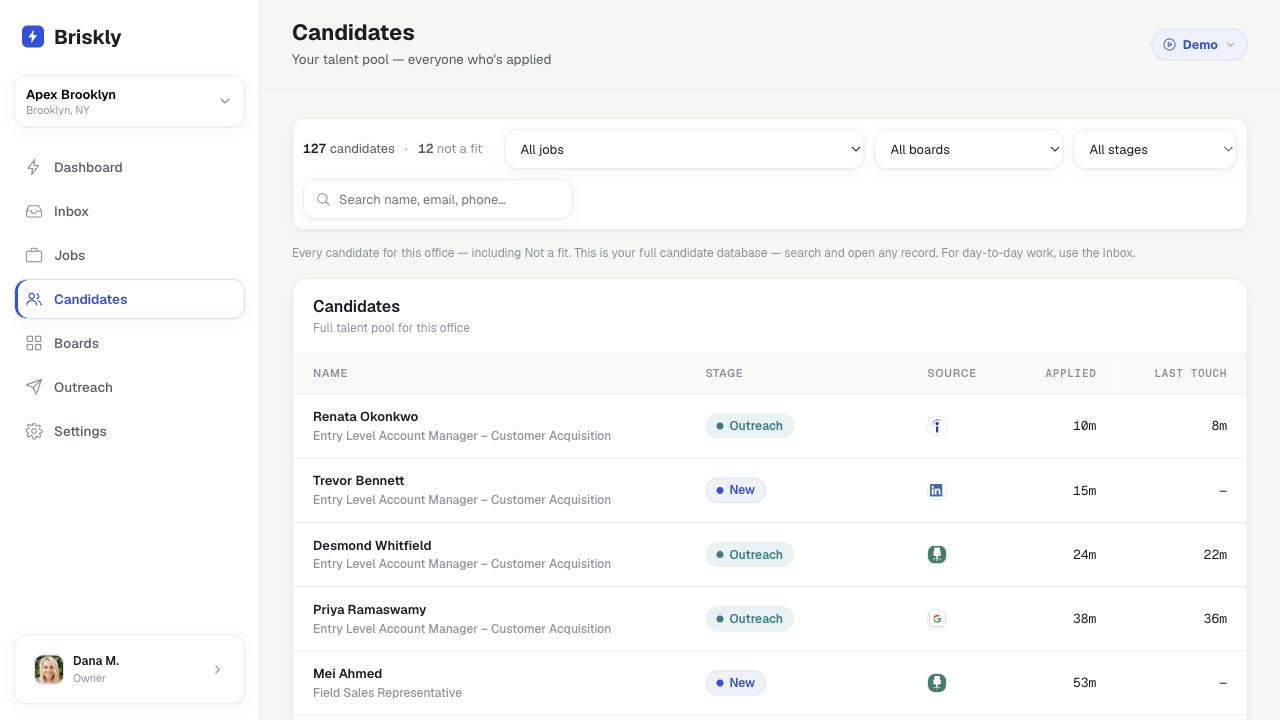 Briskly candidates database with stage, source, applied time, and last touch for the full talent pool