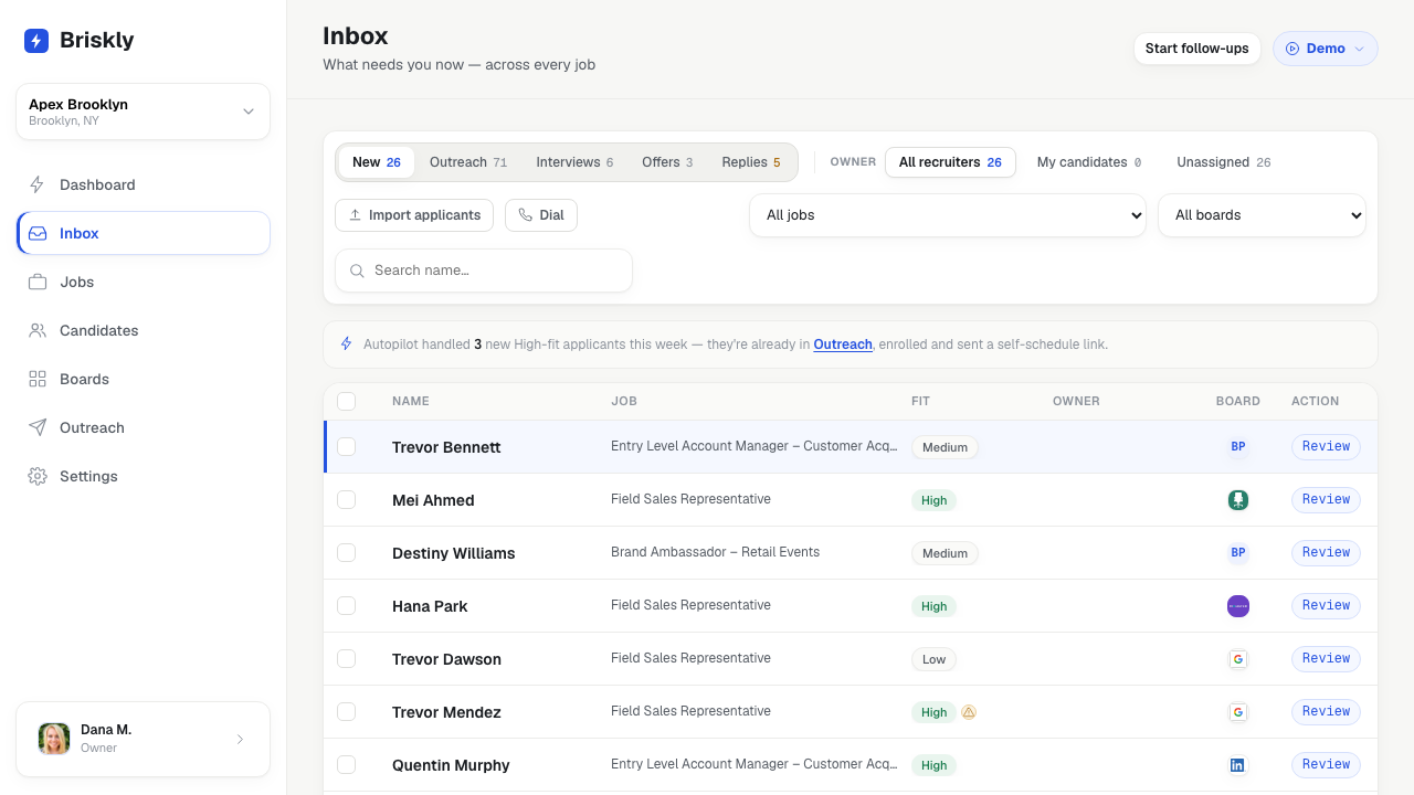 Briskly inbox listing new applicants with fit scores, source board, and one-click review actions