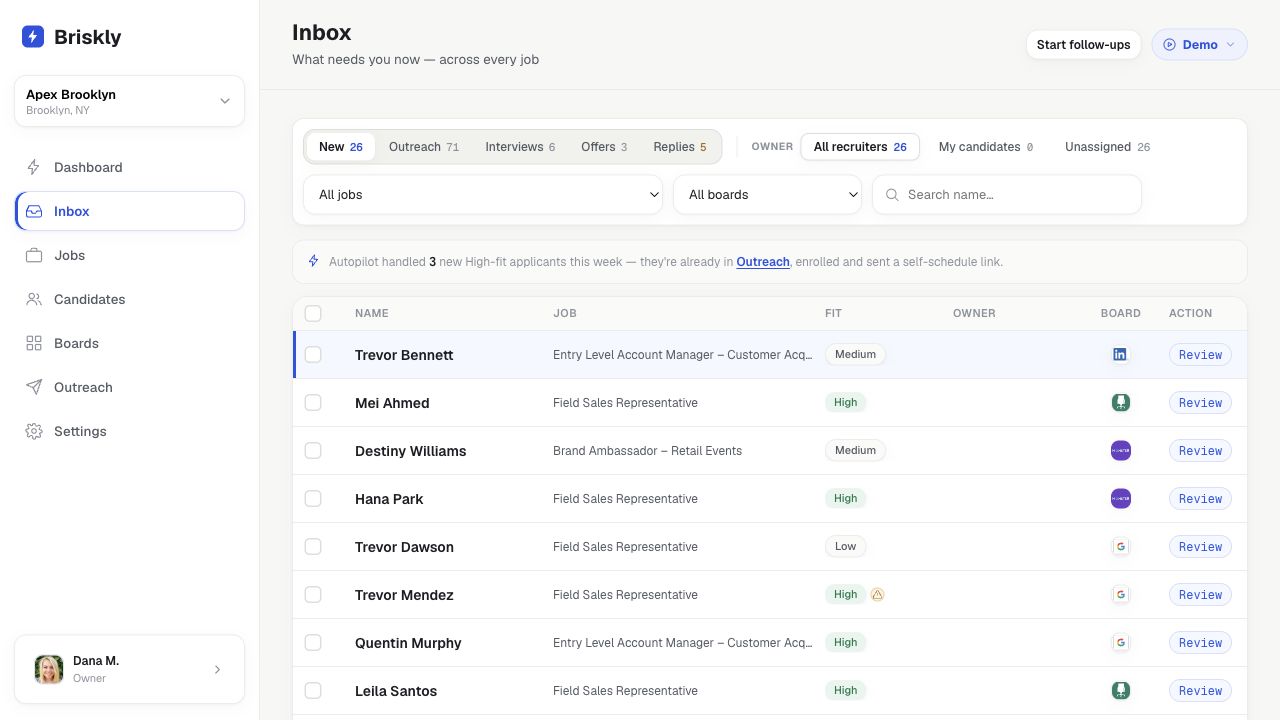 Briskly inbox listing new applicants with fit scores, source board, and one-click review actions