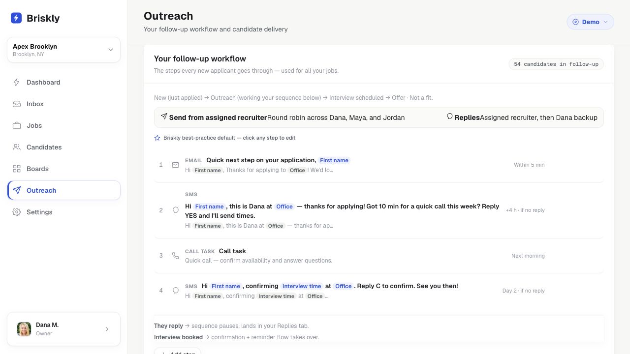 Briskly outreach sequence showing timed email, SMS, and call steps with personalization tokens
